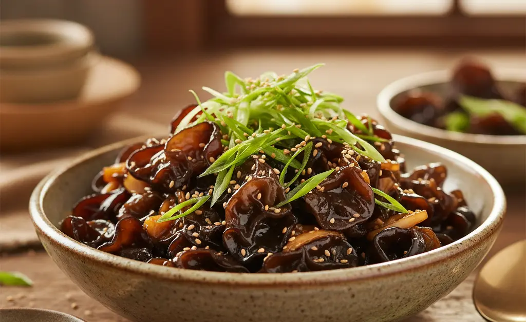 A close-up, top-down view of a beautifully presented wood ear mushroom Korean recipe in a rustic ceramic bowl.