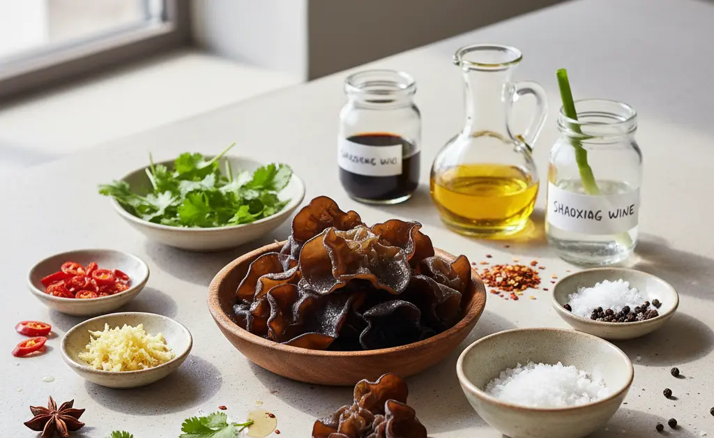 A close-up, artful arrangement showcases the vibrant ingredients of a wood ear mushroom marinade.