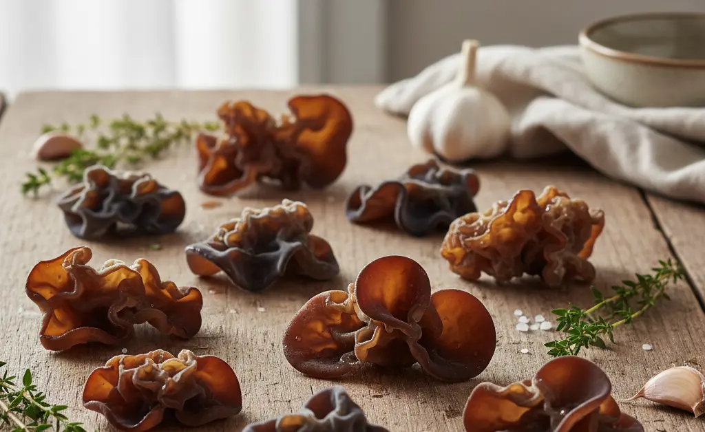 A vibrant, overhead shot showcases an assortment of fresh wood ear mushrooms, emphasizing the complex wood ear mushroom nutrition facts.