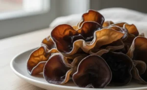A close-up, editorial photograph showcases a cluster of fresh wood ear mushroom other names, highlighting their unique gelatinous texture and subtle earthy tones against a clean, neutral background with soft, natural lighting.