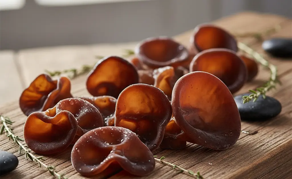 A visually appealing close-up image showcasing the unique texture and earthy tones of fresh wood ear mushrooms, subtly hinting at the importance of proper identification to avoid wood ear mushroom poisoning.