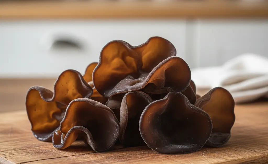 A close-up shot of fresh wood ear mushrooms, highlighting their unique texture and deep, earthy color, to illustrate the topic of wood ear mushroom pregnancy safety.