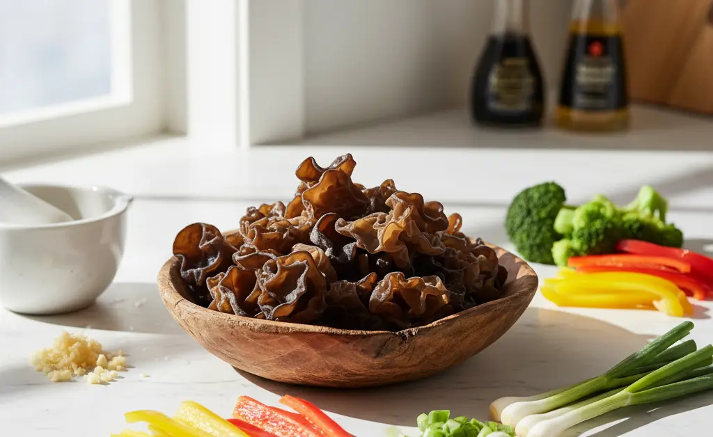 A visually appealing array of fresh ingredients for a healthy meal, highlighting the distinct texture of wood ear mushroom protein.