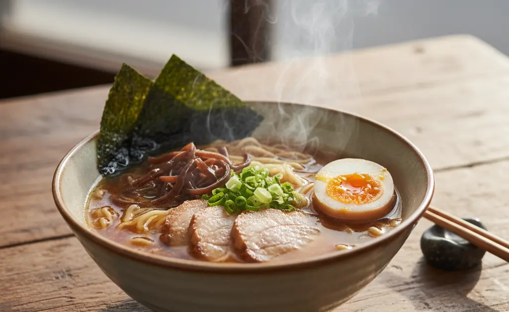 A beautifully plated bowl of wood ear mushroom ramen recipe, showcasing vibrant broth and fresh ingredients.