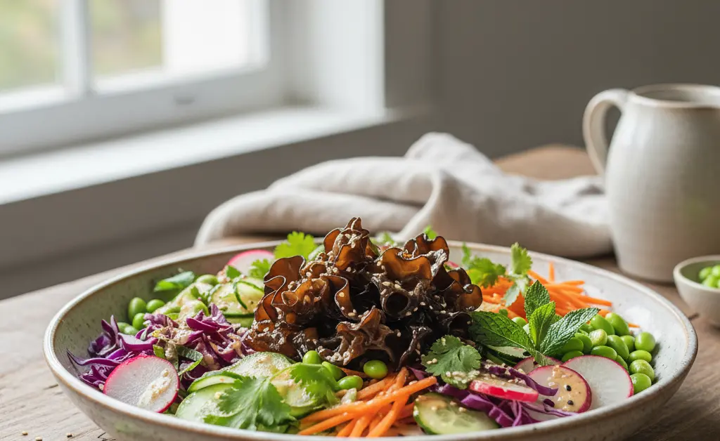 A delicious wood ear mushroom recipe featuring finely chopped fresh ingredients and cooked wood ear mushrooms, artfully arranged for visual appeal.
