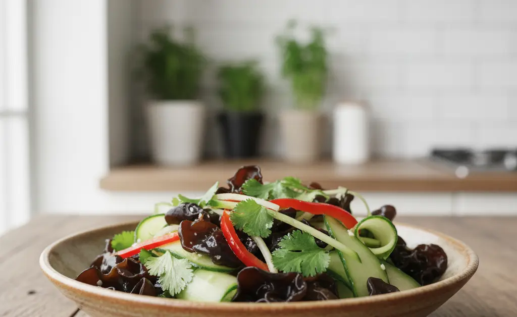 A beautifully plated wood ear mushroom salad recipe showcasing vibrant colors and textures.