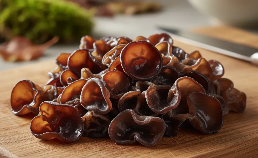 A visually stunning close-up showcases the delicate texture and earthy tones of the wood ear mushroom scientific name.