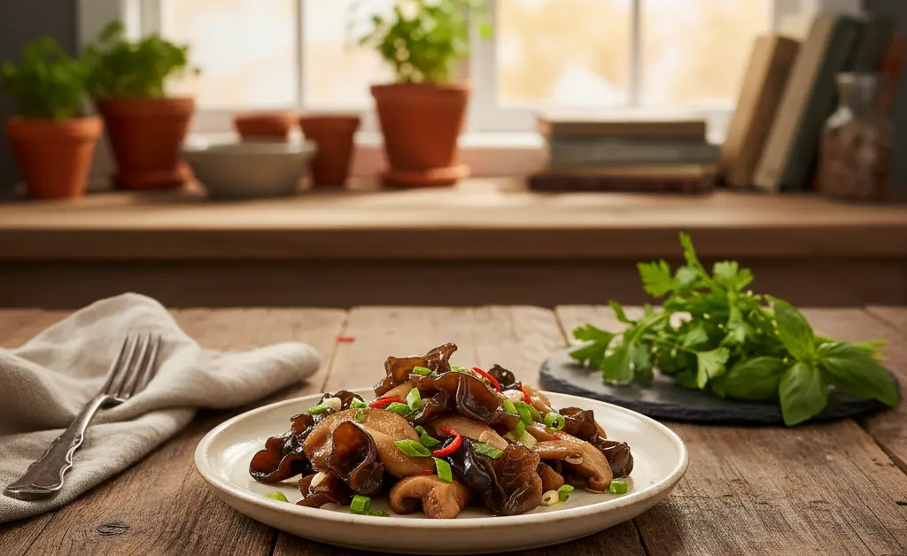 A visually appealing and healthy plate featuring wood ear mushrooms, prompting an understanding of wood ear mushroom side effects.
