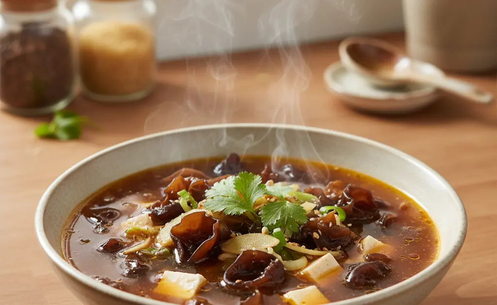 A visually appealing bowl of wood ear mushroom soup recipe, showcasing its rich broth and delicate ingredients.