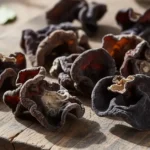 A close-up view of several wood ear mushrooms, highlighting the subtle visual cues indicative of wood ear mushroom spoilage.