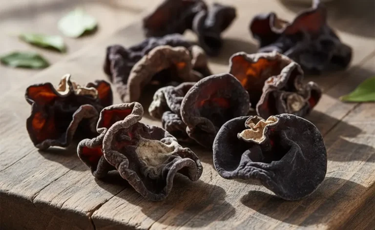 A close-up view of several wood ear mushrooms, highlighting the subtle visual cues indicative of wood ear mushroom spoilage.