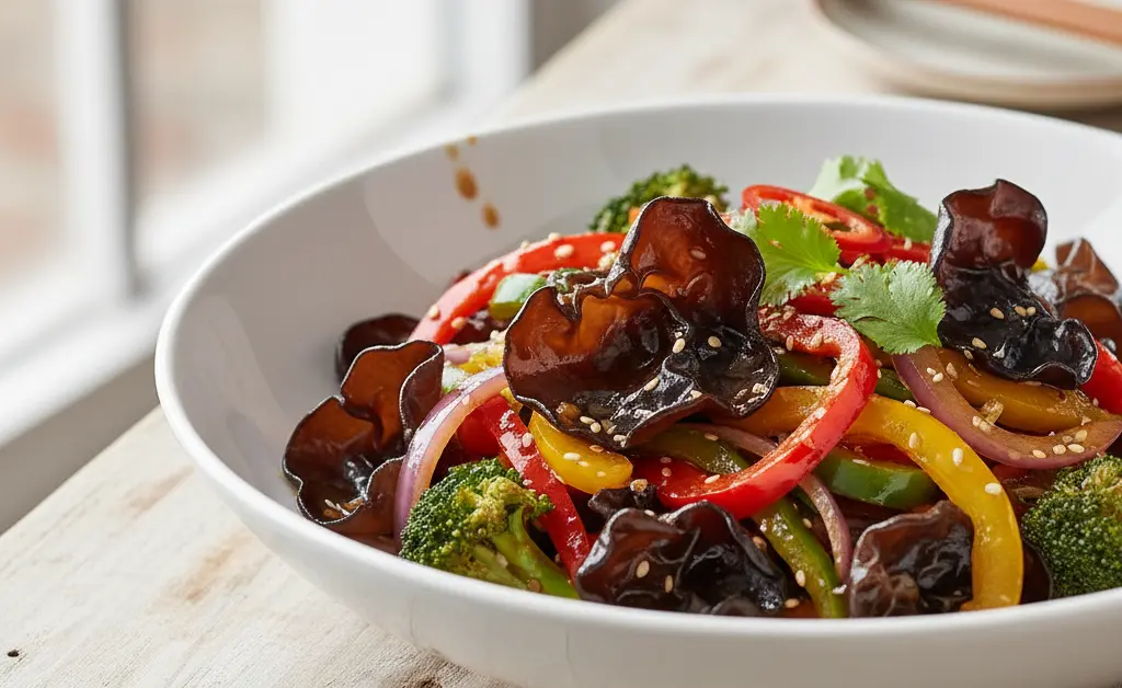 A vibrant and appetizing wood ear mushroom stir fry recipe is beautifully presented in a rustic ceramic bowl.