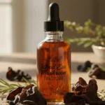 An introductory image showcasing the rich amber liquid of a wood ear mushroom tincture in a glass dropper bottle, set against a backdrop of dried wood ear mushrooms and natural earthy elements.
