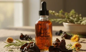An introductory image showcasing the rich amber liquid of a wood ear mushroom tincture in a glass dropper bottle, set against a backdrop of dried wood ear mushrooms and natural earthy elements.