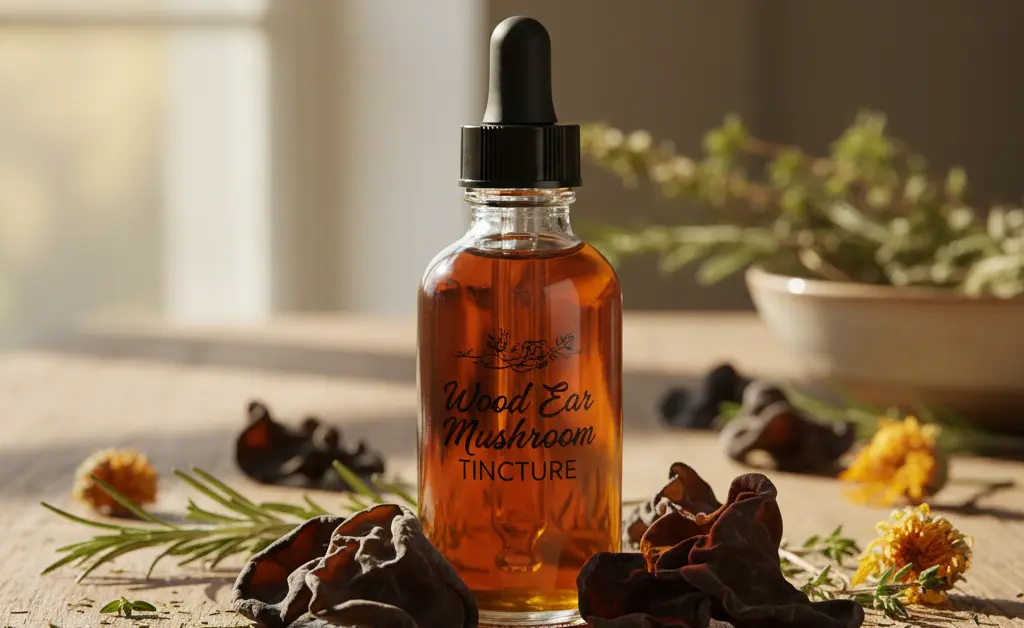 An introductory image showcasing the rich amber liquid of a wood ear mushroom tincture in a glass dropper bottle, set against a backdrop of dried wood ear mushrooms and natural earthy elements.