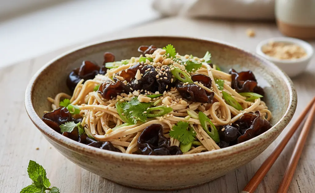 A vibrant wood ear mushroom tofu skin salad recipe is artfully arranged on a rustic wooden board.