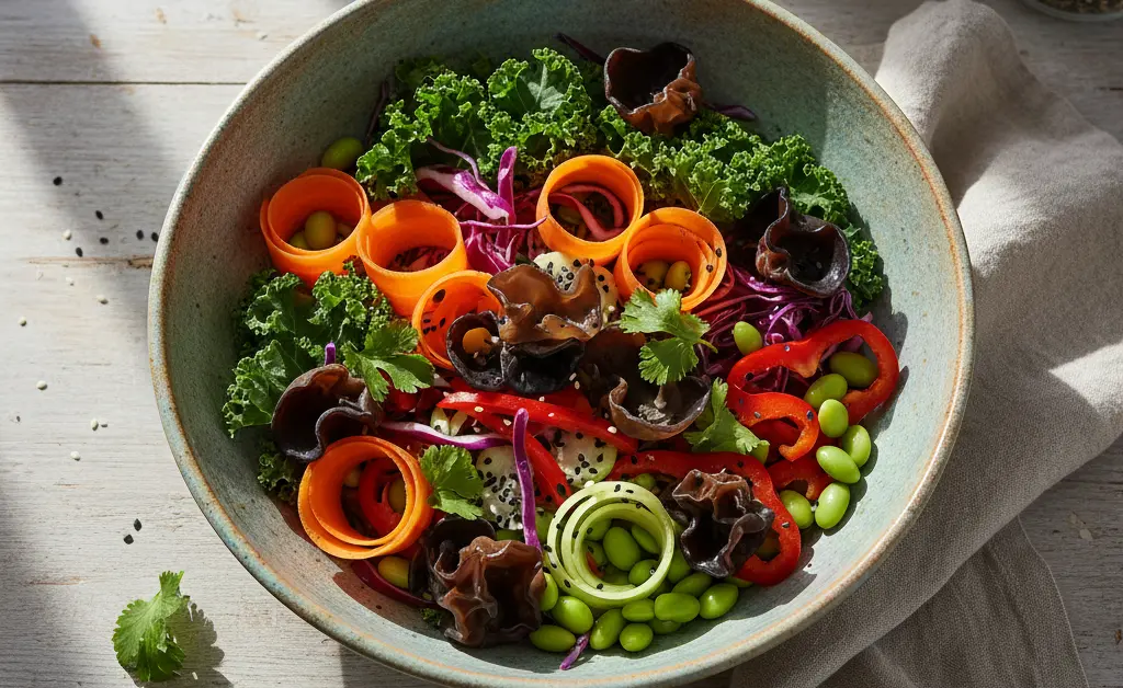 A visually appealing bowl of mixed vegetables and wood ear mushroom, subtly suggesting a connection to maintaining uric acid balance.