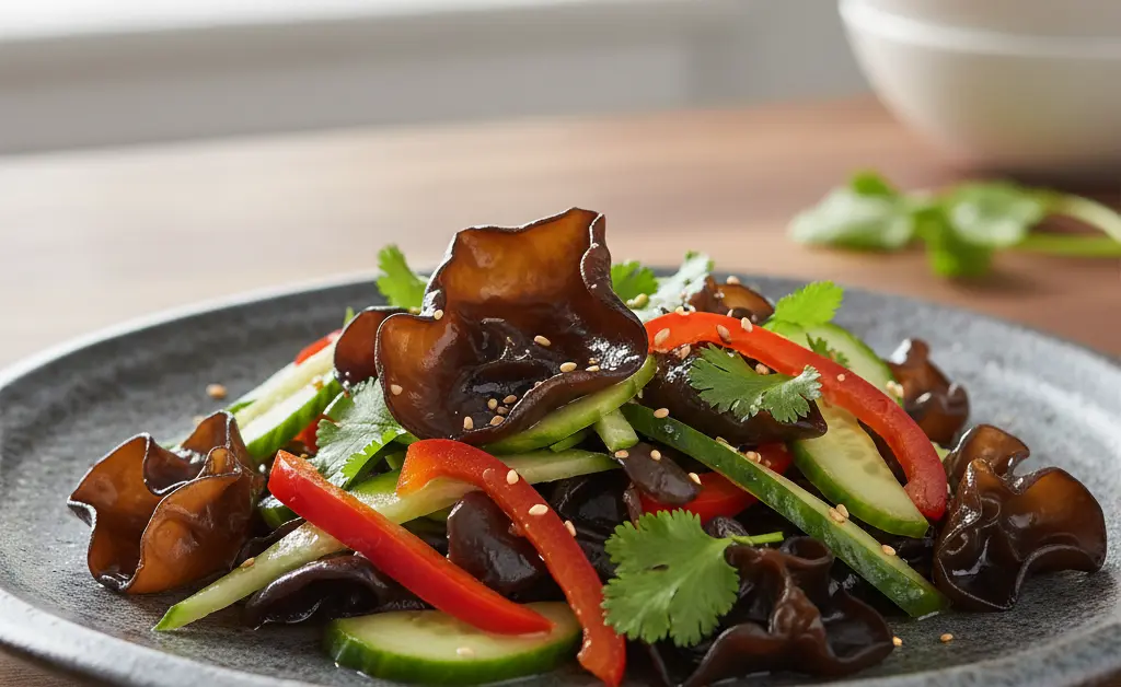 A beautifully presented wood ear mushroom vinegar salad recipe showcasing the unique textures of the mushrooms.