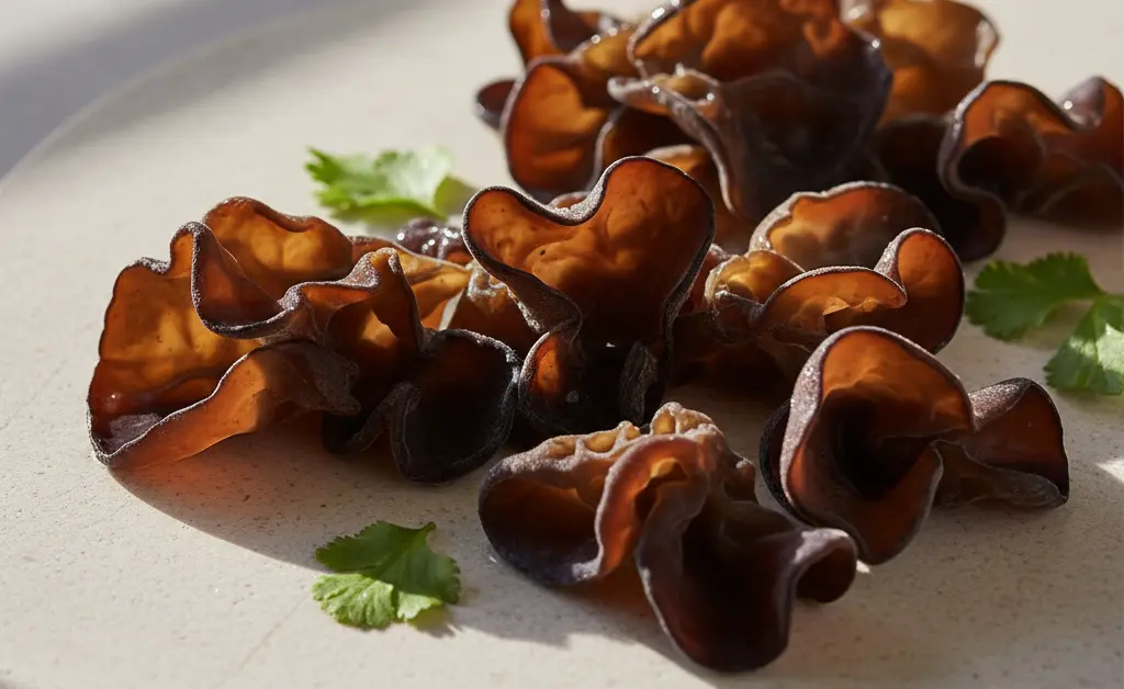 A beautifully arranged assortment highlighting the distinct textures of wood ear mushrooms, showcasing their potential contribution to wood ear mushroom vitamins.