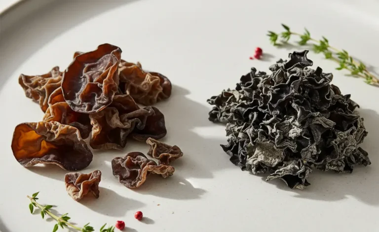 A culinary showcase comparing wood ear mushroom vs black fungus, highlighting their distinct textures and shapes.