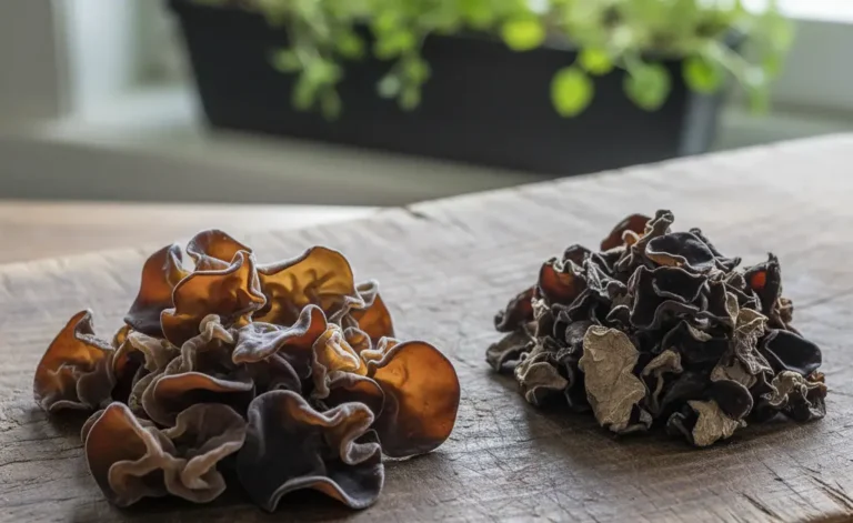 A side-by-side visual comparison clarifies the wood ear mushroom vs black fungus distinction, showcasing their distinct textures.