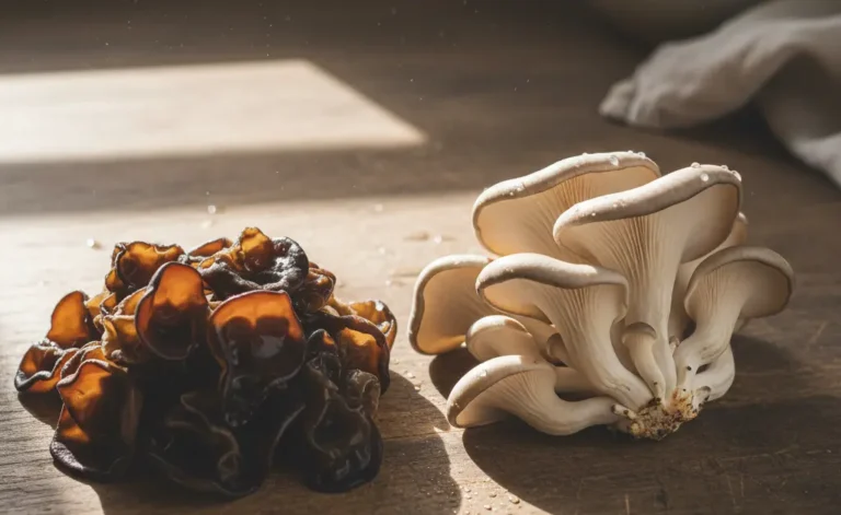 A culinary still life showcasing the distinct visual differences between wood ear mushroom vs oyster mushroom for easy identification.