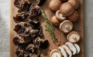 A visually appealing arrangement showcasing the distinct textures and shapes of wood ear mushroom vs shiitake mushrooms for culinary comparison.