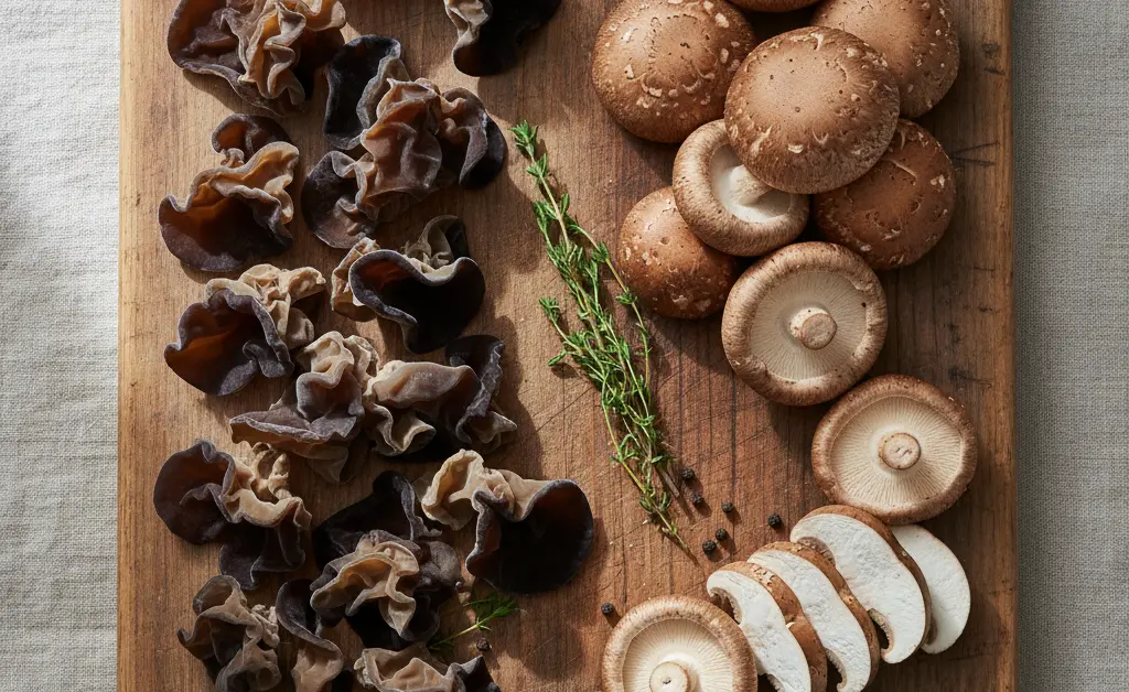 A visually appealing arrangement showcasing the distinct textures and shapes of wood ear mushroom vs shiitake mushrooms for culinary comparison.